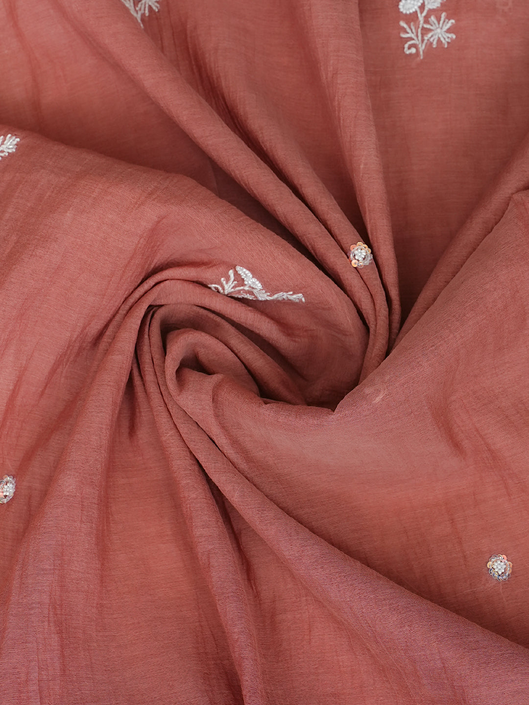 Ada Hand Embroidered Dusty Peach Chanderi Lucknowi Chikankari Unstitched Kurta Dupatta Set With Pearl Work 01A972619