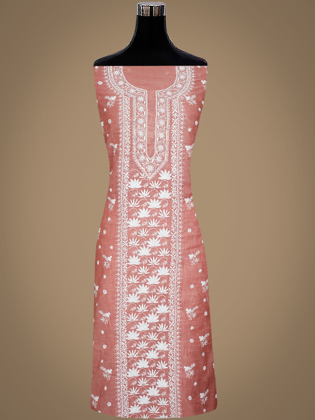 Ada Hand Embroidered Dusty Peach Chanderi Lucknowi Chikankari Unstitched Kurta Dupatta Set With Pearl Work 01A972619