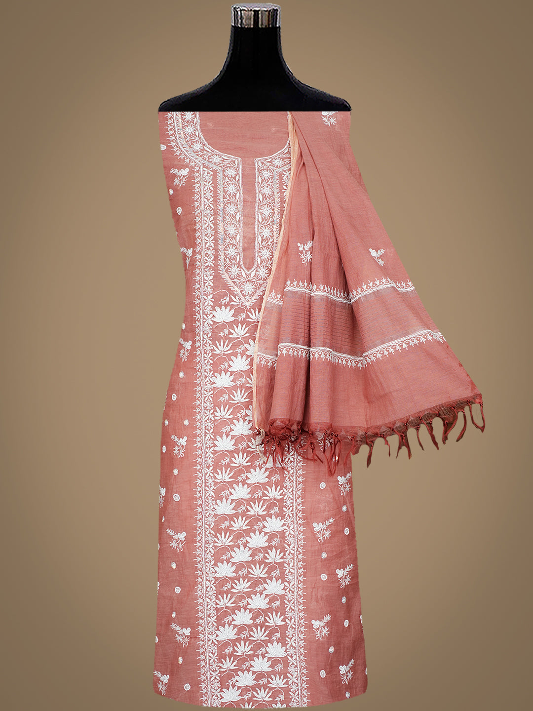 Ada Hand Embroidered Dusty Peach Chanderi Lucknowi Chikankari Unstitched Kurta Dupatta Set With Pearl Work 01A972619