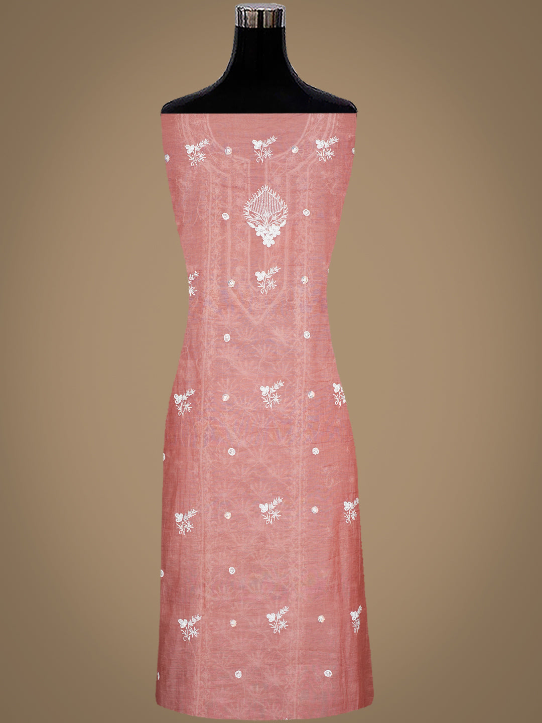 Ada Hand Embroidered Dusty Peach Chanderi Lucknowi Chikankari Unstitched Kurta Dupatta Set With Pearl Work 01A972619