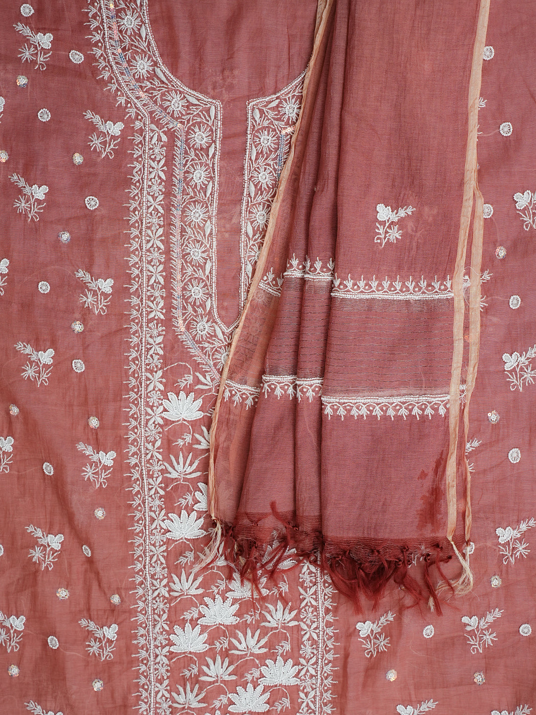 Ada Hand Embroidered Dusty Peach Chanderi Lucknowi Chikankari Unstitched Kurta Dupatta Set With Pearl Work 01A972619