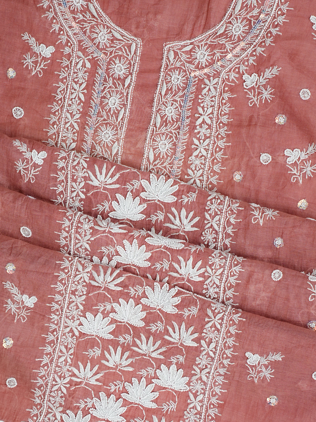 Ada Hand Embroidered Dusty Peach Chanderi Lucknowi Chikankari Unstitched Kurta Dupatta Set With Pearl Work 01A972619