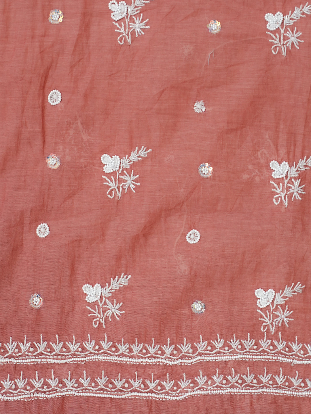 Ada Hand Embroidered Dusty Peach Chanderi Lucknowi Chikankari Unstitched Kurta Dupatta Set With Pearl Work 01A972619