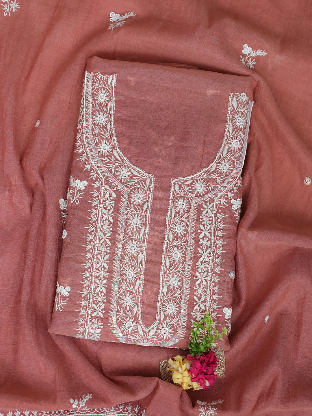 Ada Hand Embroidered Dusty Peach Chanderi Lucknowi Chikankari Unstitched Kurta Dupatta Set With Pearl Work 01A972619