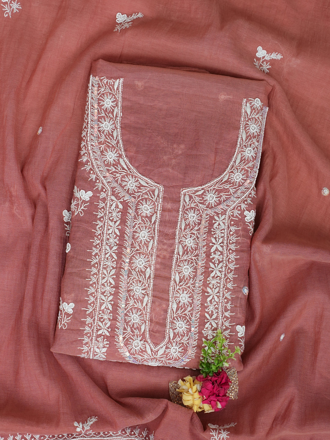 Ada Hand Embroidered Dusty Peach Chanderi Lucknowi Chikankari Unstitched Kurta Dupatta Set With Pearl Work 01A972619