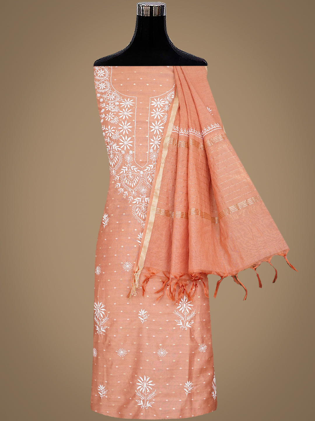 Ada Hand Embroidered Dusty Peach Chanderi Lucknowi Chikankari Unstitched Suit Piece 01A989949