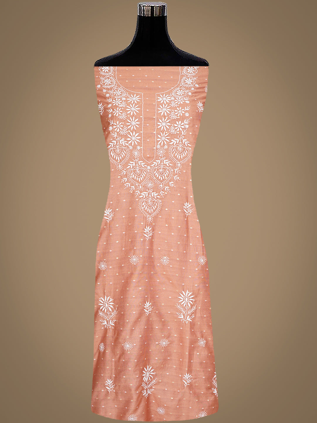 Ada Hand Embroidered Dusty Peach Chanderi Lucknowi Chikankari Unstitched Suit Piece 01A989949