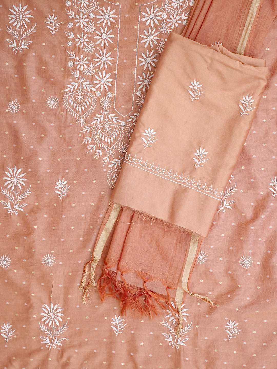 Ada Hand Embroidered Dusty Peach Chanderi Lucknowi Chikankari Unstitched Suit Piece 01A989949