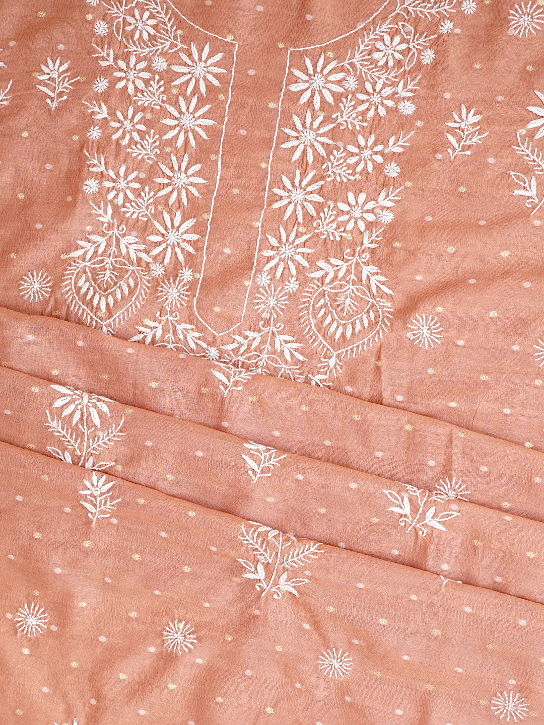 Ada Hand Embroidered Dusty Peach Chanderi Lucknowi Chikankari Unstitched Suit Piece 01A989949