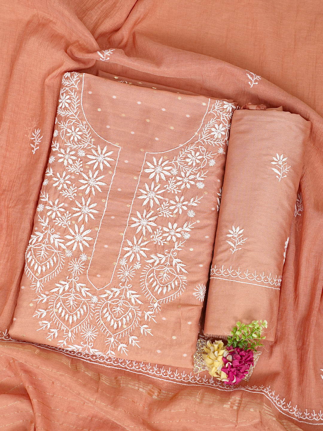 Ada Hand Embroidered Dusty Peach Chanderi Lucknowi Chikankari Unstitched Suit Piece 01A989949