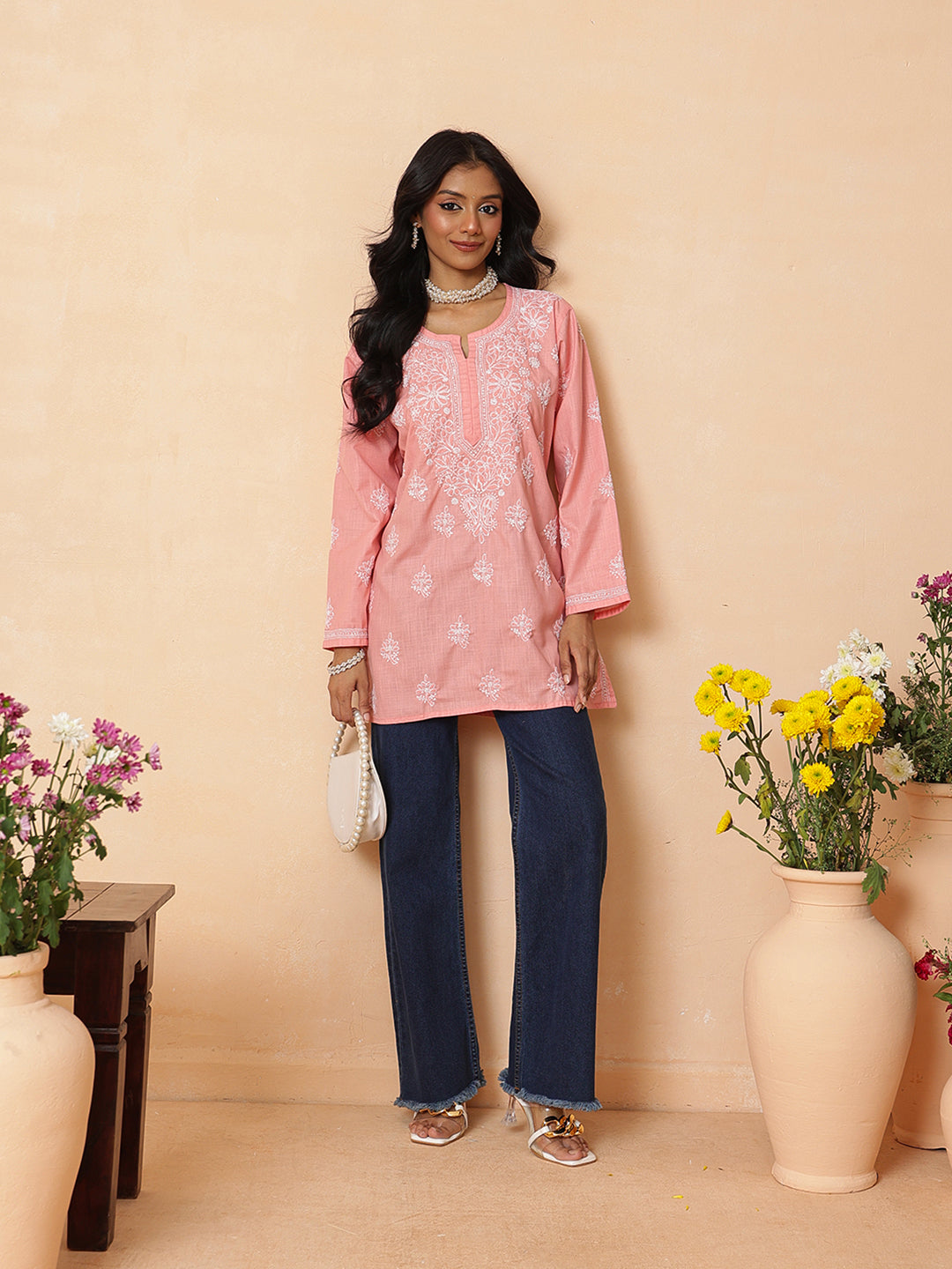 Ada Hand Embroidered Dusty Peach Cotton Lucknowi Chikankari Short Kurti A911572