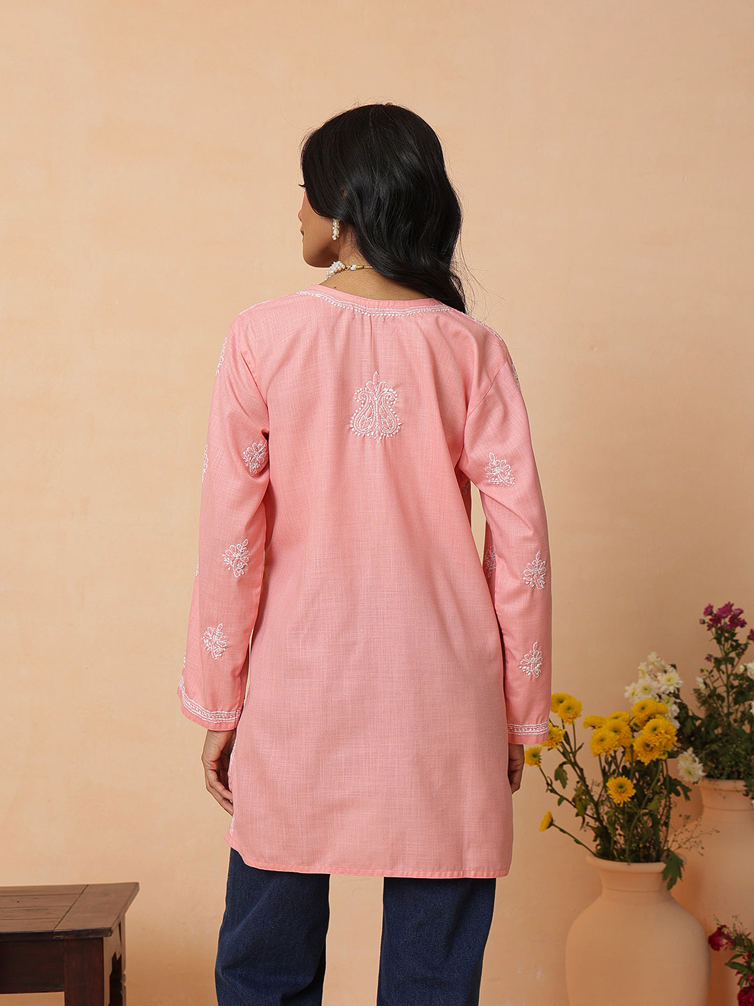 Ada Hand Embroidered Dusty Peach Cotton Lucknowi Chikankari Short Kurti A911572