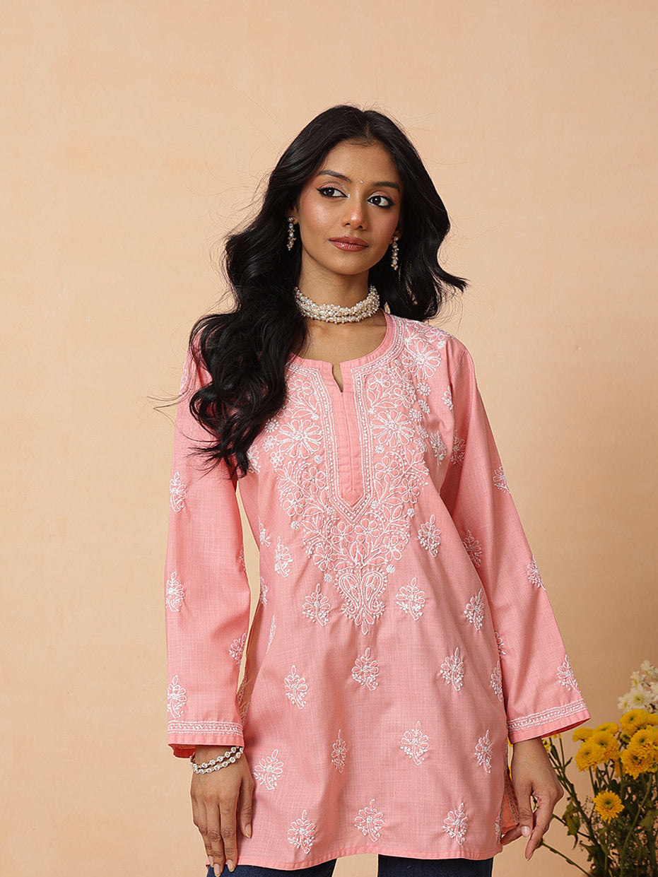 Ada Hand Embroidered Dusty Peach Cotton Lucknowi Chikankari Short Kurti A911572
