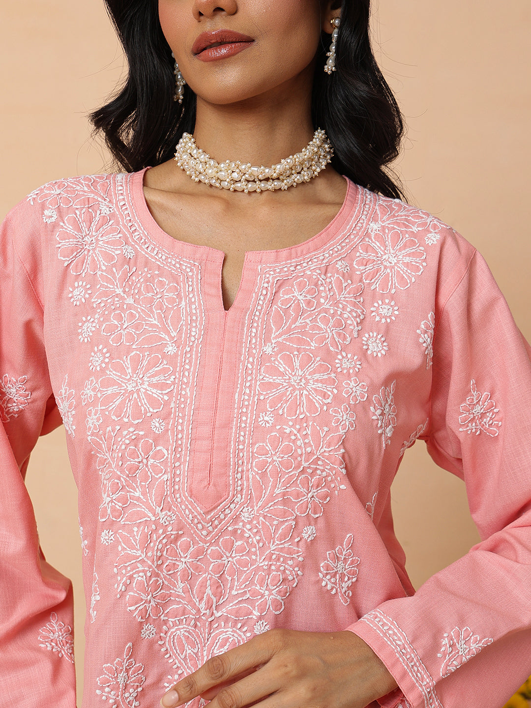 Ada Hand Embroidered Dusty Peach Cotton Lucknowi Chikankari Short Kurti A911572