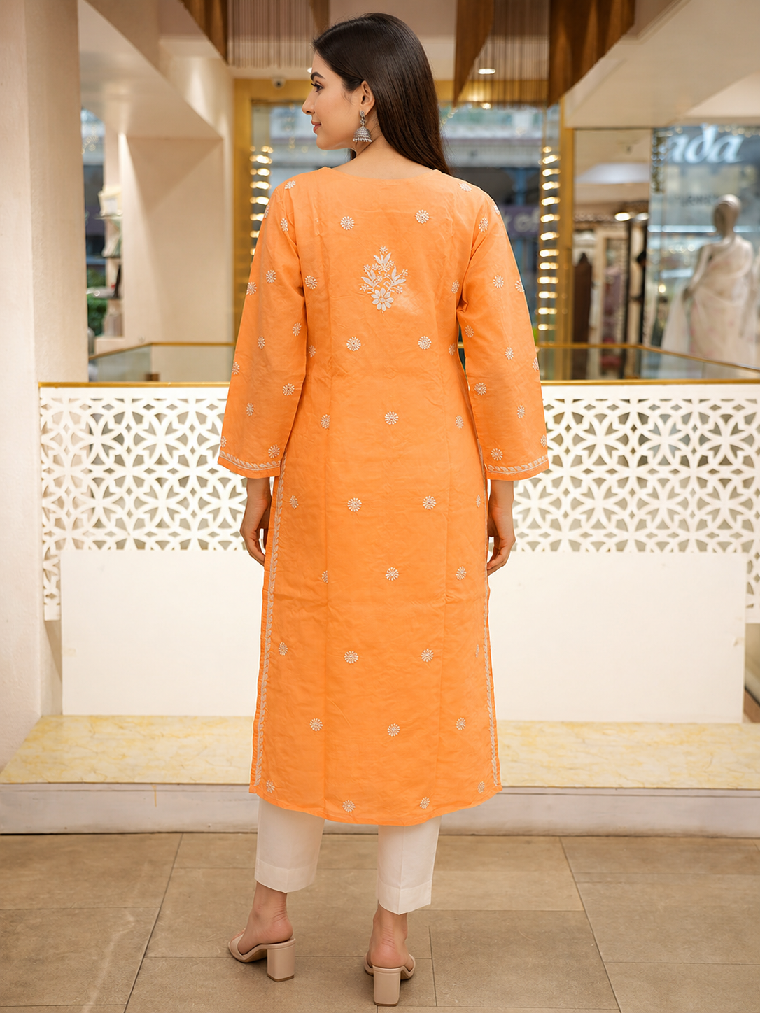 Ada Hand Embroidered Dusty Peach Cotton Lucknowi Chikankari Straight Kurta A011132
