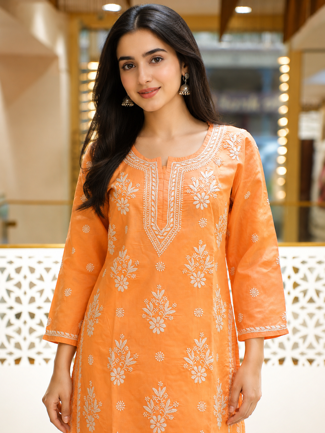 Ada Hand Embroidered Dusty Peach Cotton Lucknowi Chikankari Straight Kurta A011132