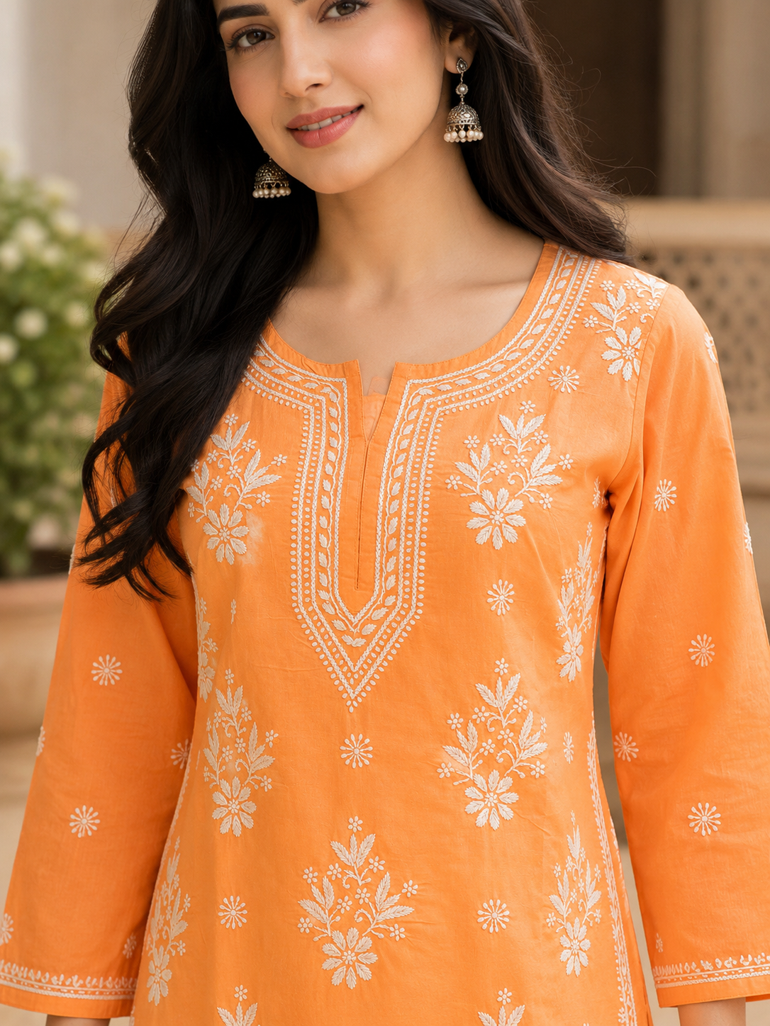 Ada Hand Embroidered Dusty Peach Cotton Lucknowi Chikankari Straight Kurta A011132