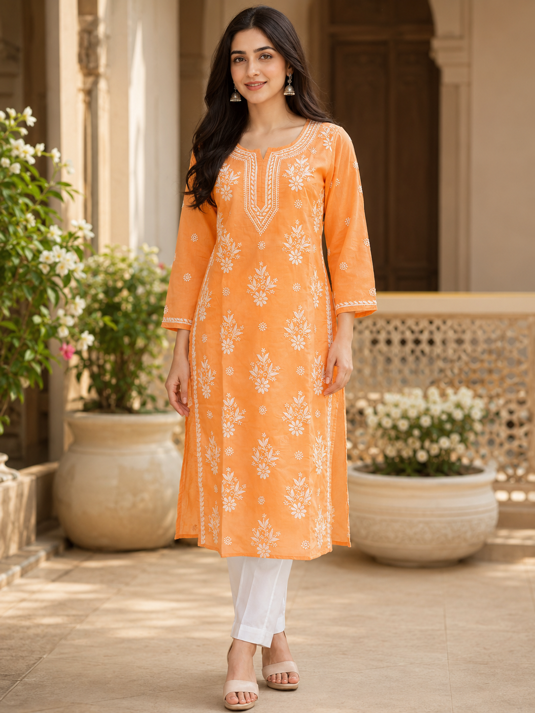Ada Hand Embroidered Dusty Peach Cotton Lucknowi Chikankari Straight Kurta A011132