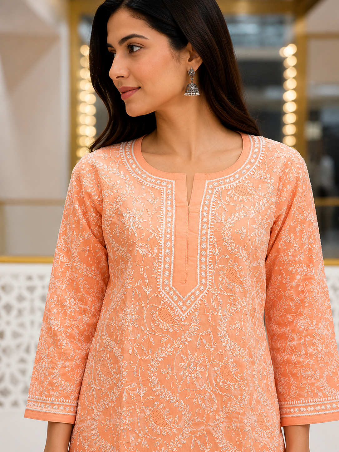 Ada Hand Embroidered Dusty Peach Cotton Lucknowi Chikankari Straight Kurta A011141