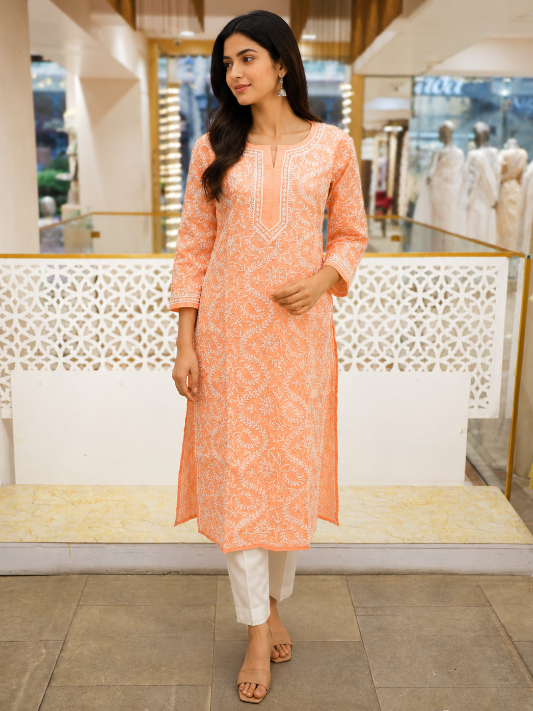Ada Hand Embroidered Dusty Peach Cotton Lucknowi Chikankari Straight Kurta A011141
