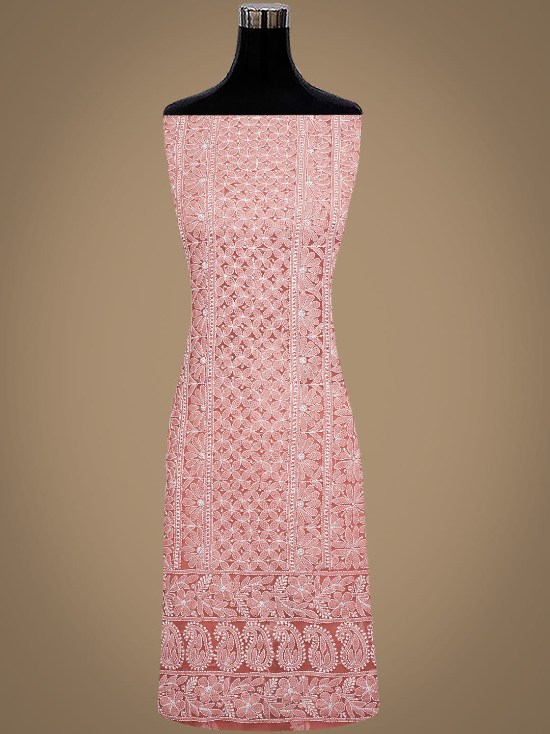 Ada Hand Embroidered Dusty Peach Faux Georgette Lucknowi Chikankari Unstitched Suit Piece 01A1002698