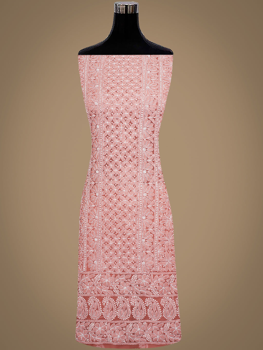 Ada Hand Embroidered Dusty Peach Faux Georgette Lucknowi Chikankari Unstitched Suit Piece 01A1002698