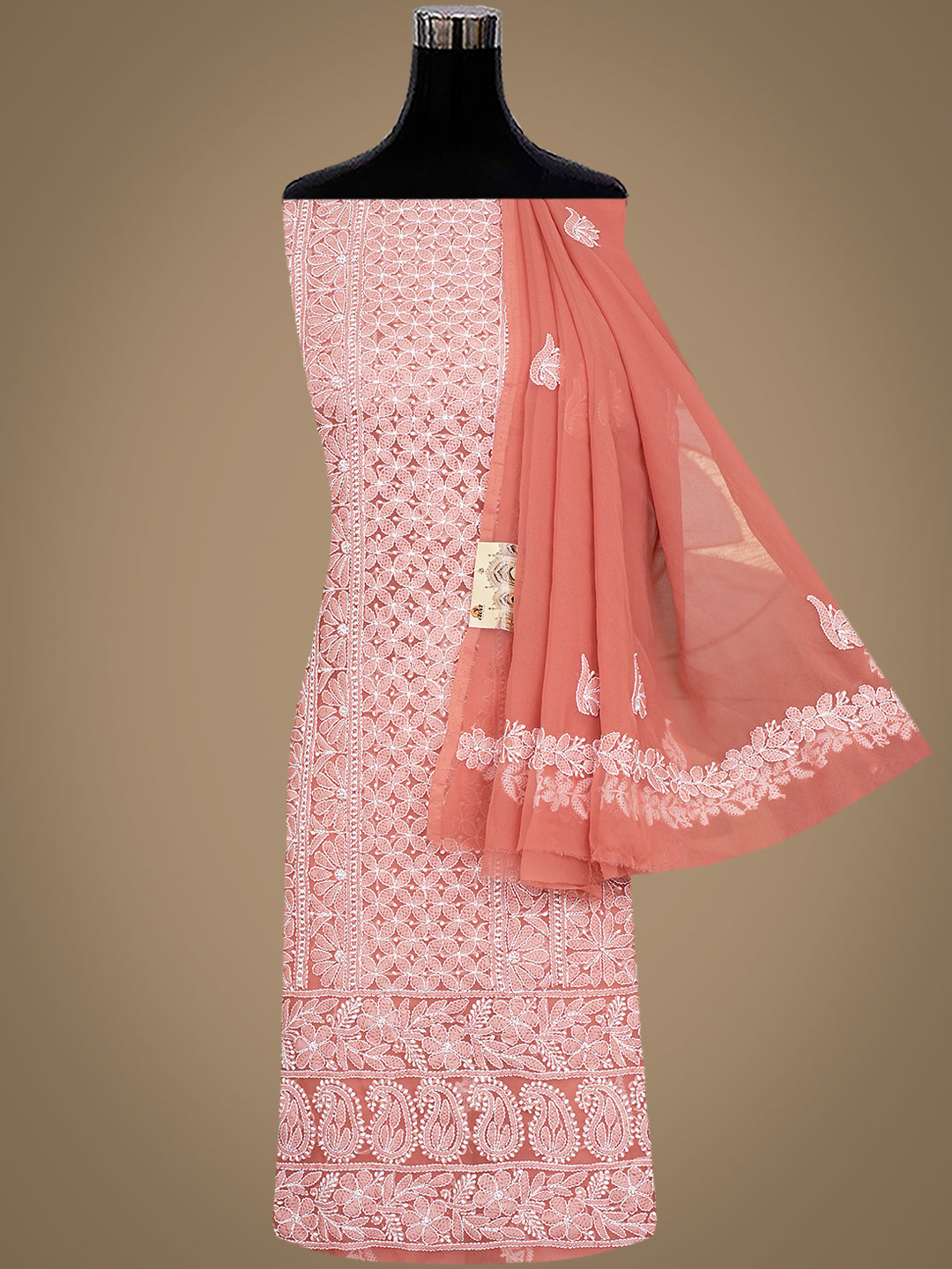 Ada Hand Embroidered Dusty Peach Faux Georgette Lucknowi Chikankari Unstitched Suit Piece 01A1002698