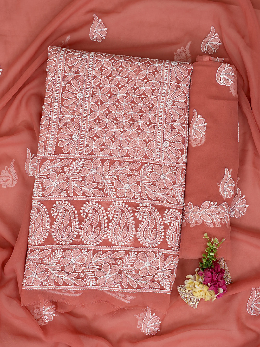 Ada Hand Embroidered Dusty Peach Faux Georgette Lucknowi Chikankari Unstitched Suit Piece 01A1002698