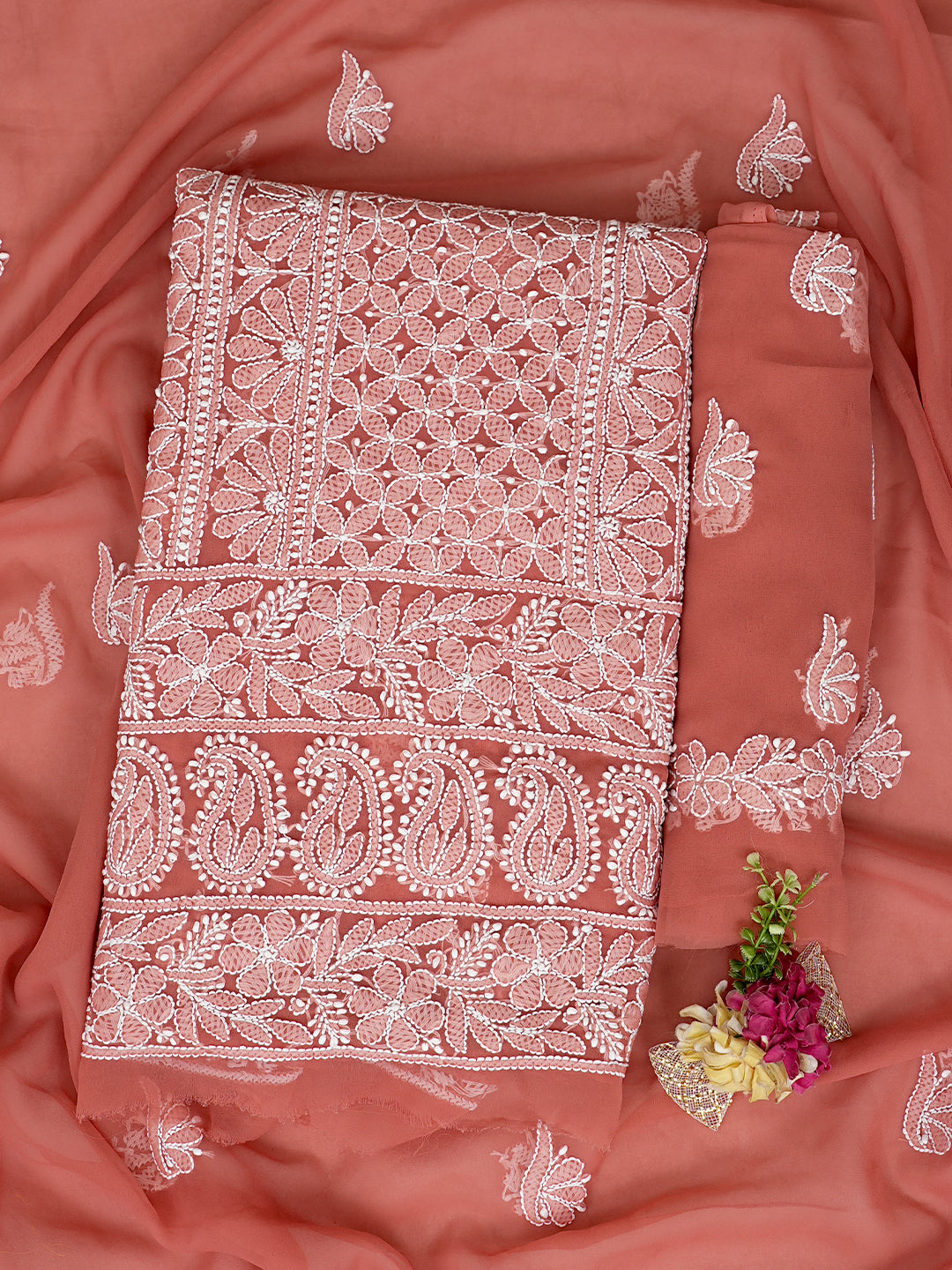 Ada Hand Embroidered Dusty Peach Faux Georgette Lucknowi Chikankari Unstitched Suit Piece 01A1002698