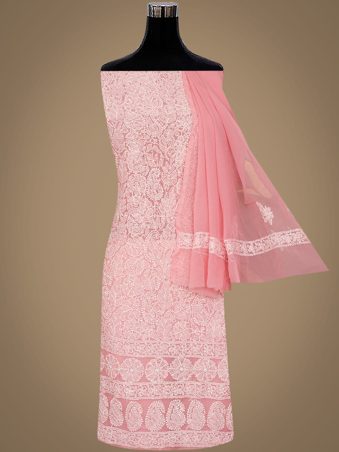Ada Hand Embroidered Dusty Peach Georgette Lucknowi Chikankari Unstitched Suit Piece 07A502073