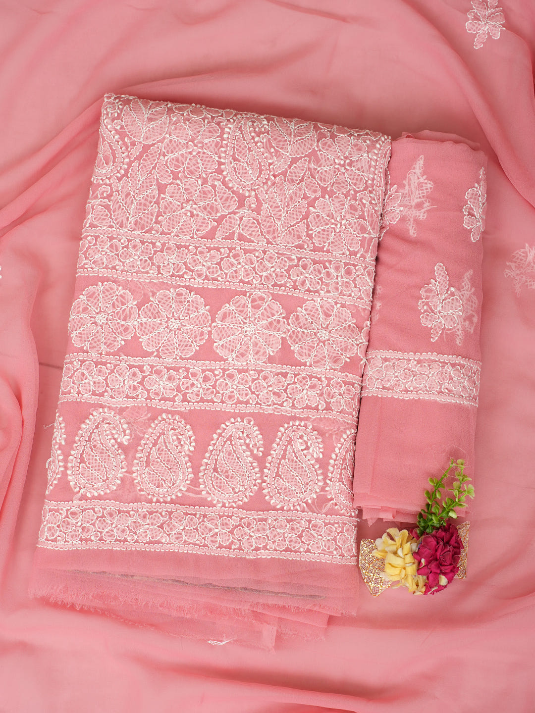 Ada Hand Embroidered Dusty Peach Georgette Lucknowi Chikankari Unstitched Suit Piece 07A502073