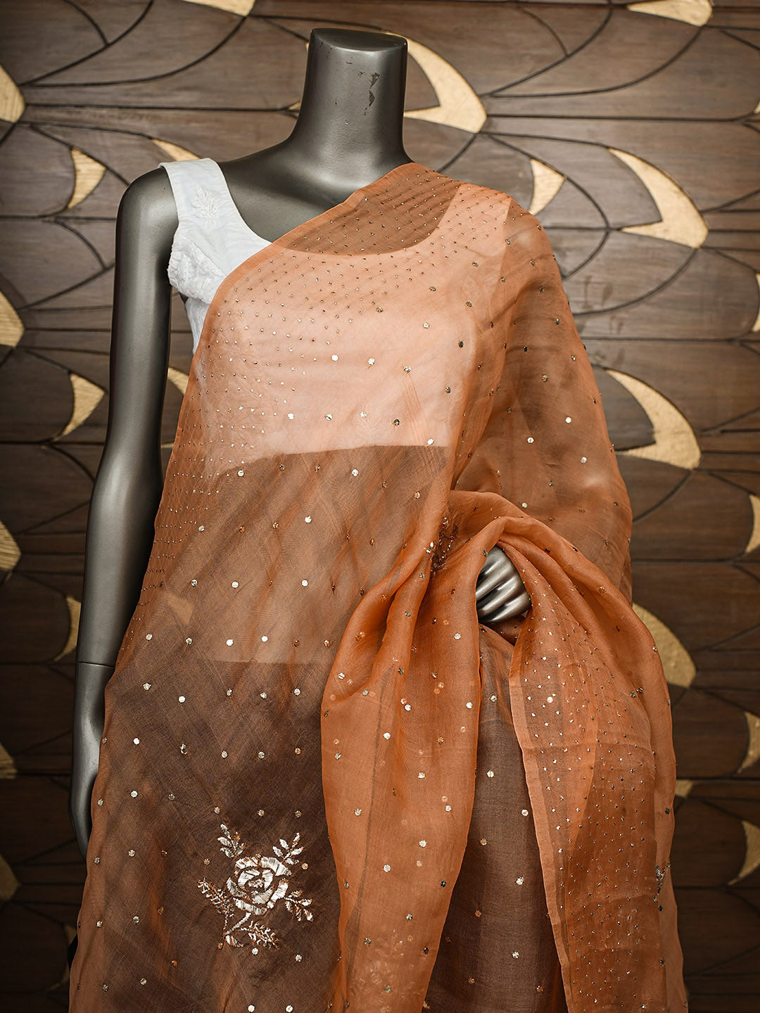 Ada Hand Embroidered Dusty Peach Organza Lucknowi Chikankari Dupatta With Mukaish Work 01A578022