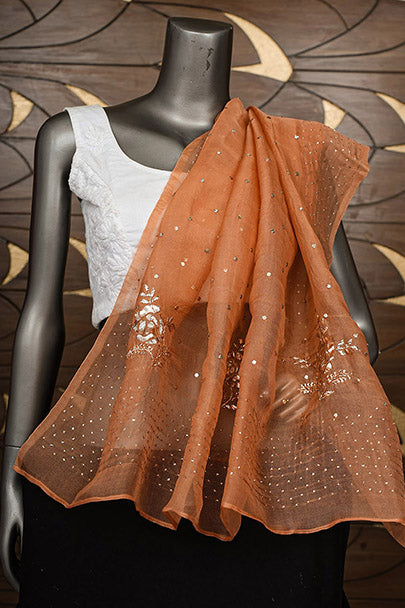 Ada Hand Embroidered Dusty Peach Organza Lucknowi Chikankari Dupatta With Mukaish Work 01A578022