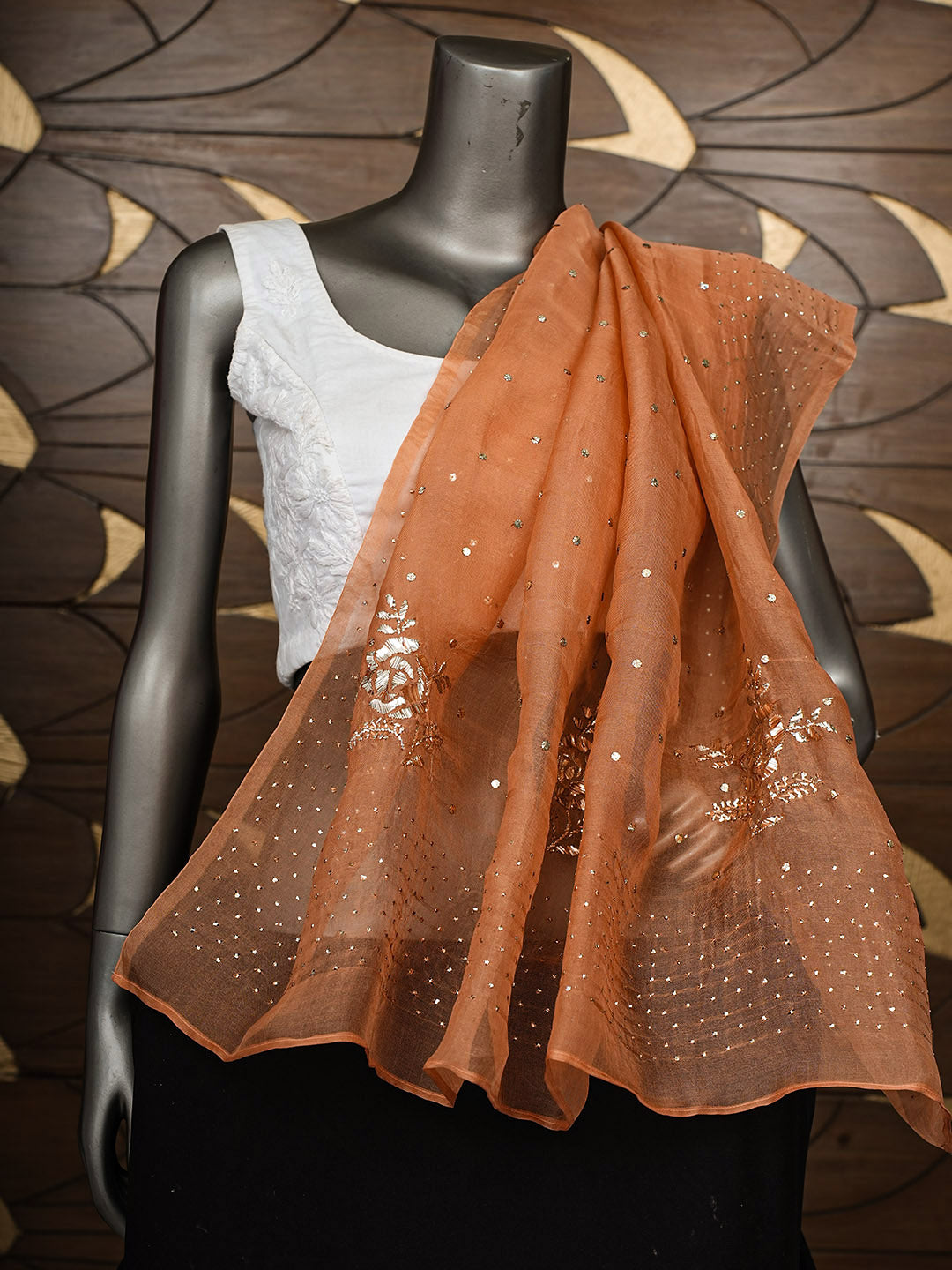 Ada Hand Embroidered Dusty Peach Organza Lucknowi Chikankari Dupatta With Mukaish Work 01A578022