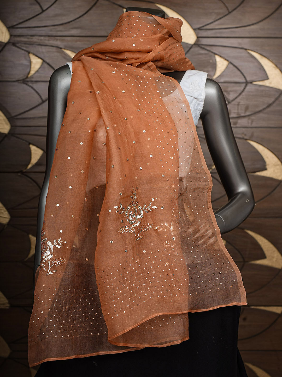 Ada Hand Embroidered Dusty Peach Organza Lucknowi Chikankari Dupatta With Mukaish Work 01A578022