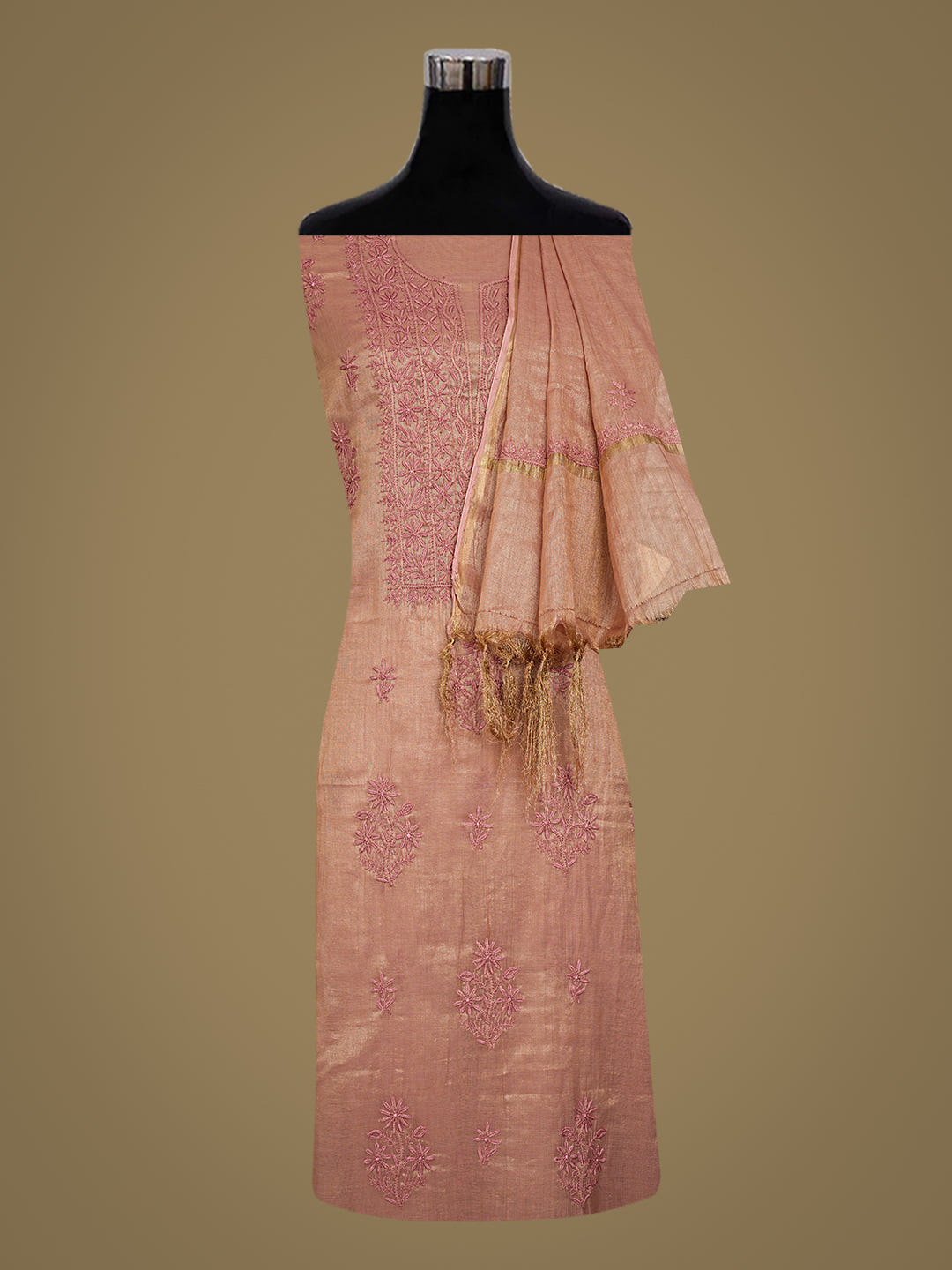 Ada Hand Embroidered Dusty Peach Tissue Lucknowi Chikankari Unstitched Kurta Dupatta Set 07A502213_2