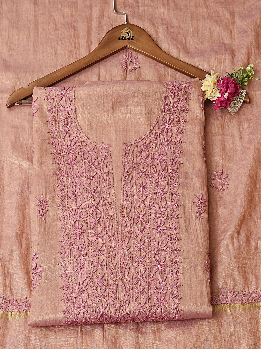 Ada Hand Embroidered Dusty Peach Tissue Lucknowi Chikankari Unstitched Kurta Dupatta Set 07A502213_1