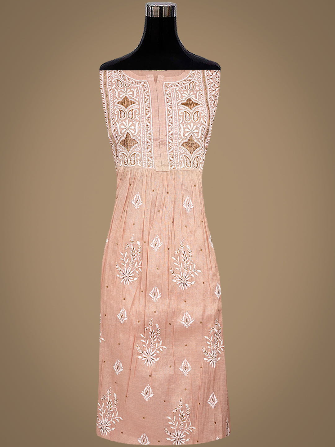 Ada Hand Embroidered Dusty Peach Tissue Lucknowi Chikankari Unstitched Kurta Dupatta set with Pearl, Sequinned, Zari & Cutdana Work 01A979738