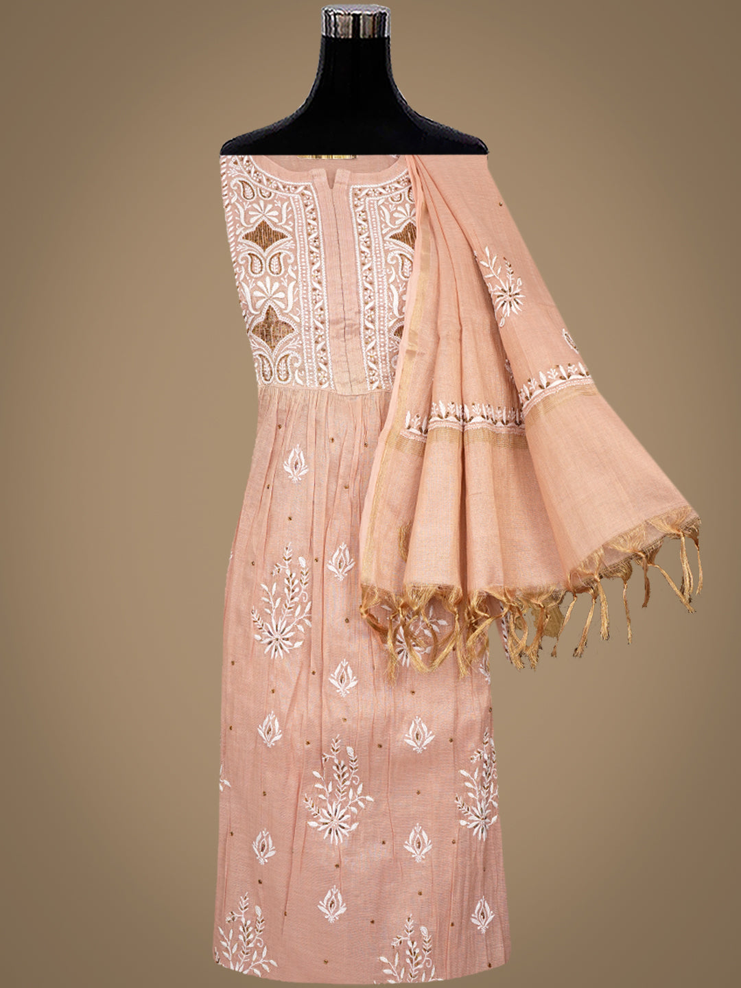 Ada Hand Embroidered Dusty Peach Tissue Lucknowi Chikankari Unstitched Kurta Dupatta set with Pearl, Sequinned, Zari & Cutdana Work 01A979738