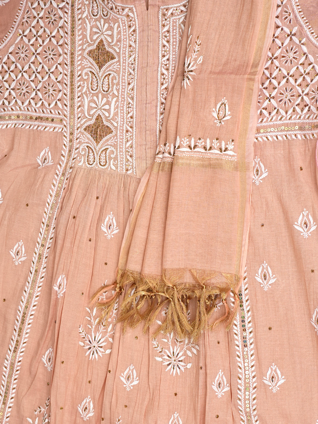 Ada Hand Embroidered Dusty Peach Tissue Lucknowi Chikankari Unstitched Kurta Dupatta set with Pearl, Sequinned, Zari & Cutdana Work 01A979738