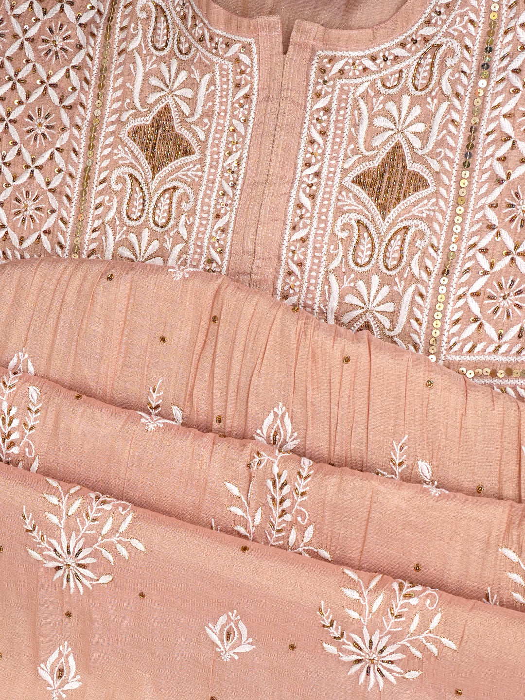 Ada Hand Embroidered Dusty Peach Tissue Lucknowi Chikankari Unstitched Kurta Dupatta set with Pearl, Sequinned, Zari & Cutdana Work 01A979738