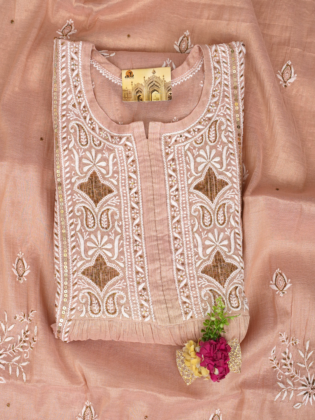 Ada Hand Embroidered Dusty Peach Tissue Lucknowi Chikankari Unstitched Kurta Dupatta set with Pearl, Sequinned, Zari & Cutdana Work 01A979738