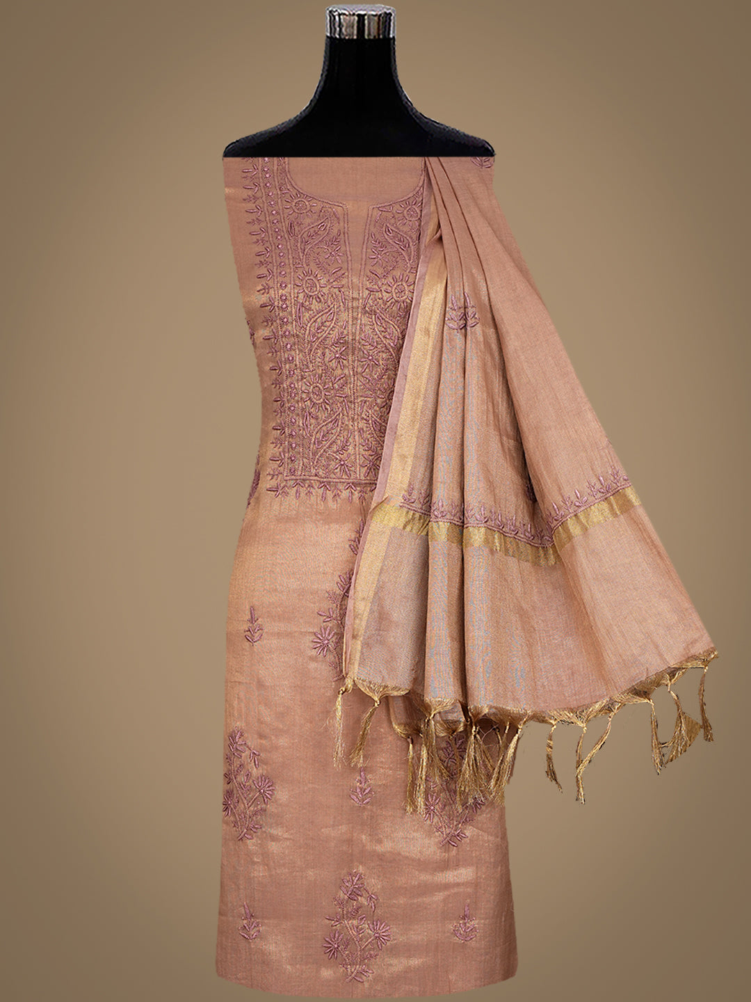 Ada Hand Embroidered Dusty Peach Tissue Unstitched Lucknowi Chikankari Kurta Dupatta Set 07A502211