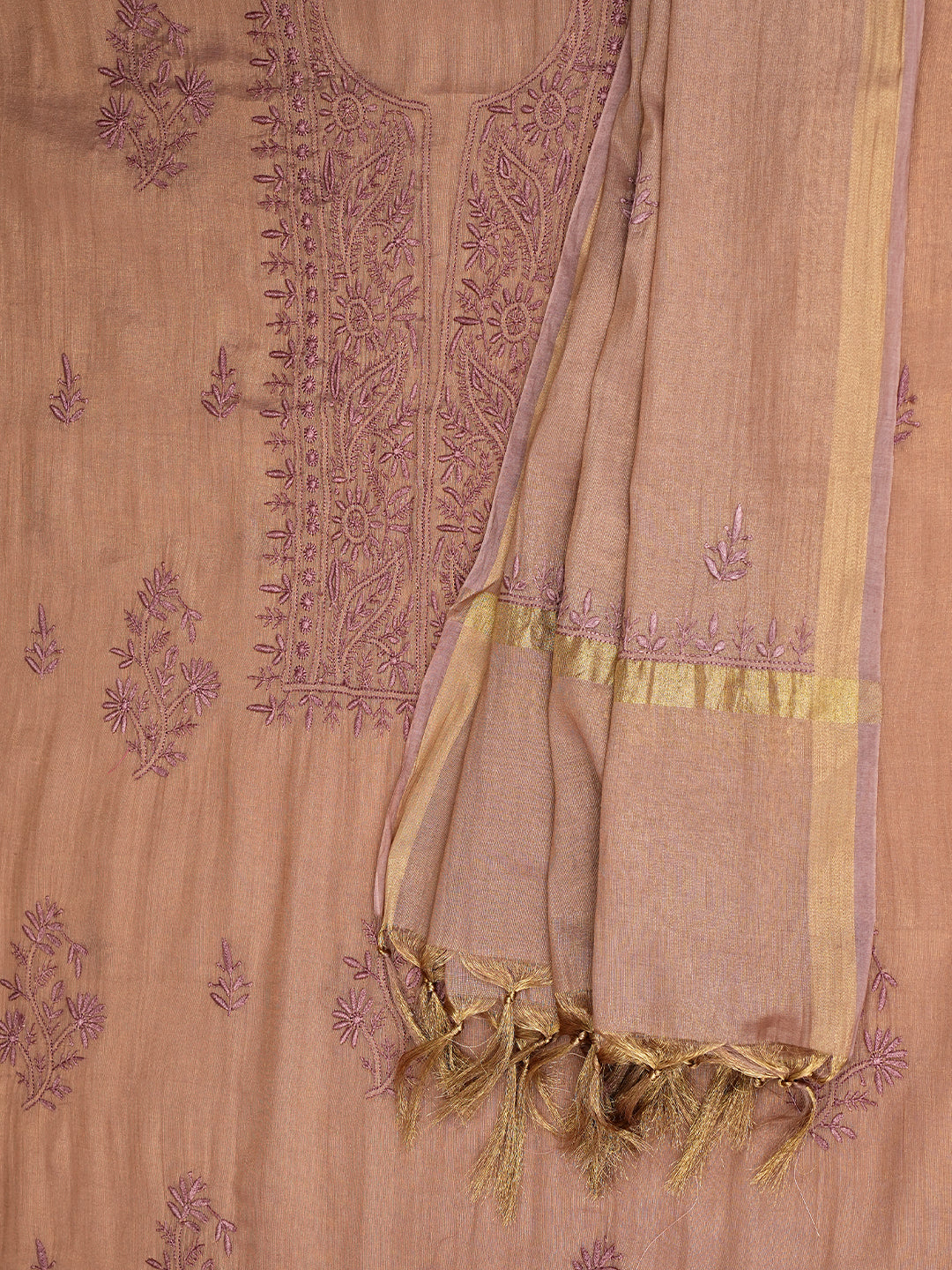 Ada Hand Embroidered Dusty Peach Tissue Unstitched Lucknowi Chikankari Kurta Dupatta Set 07A502211