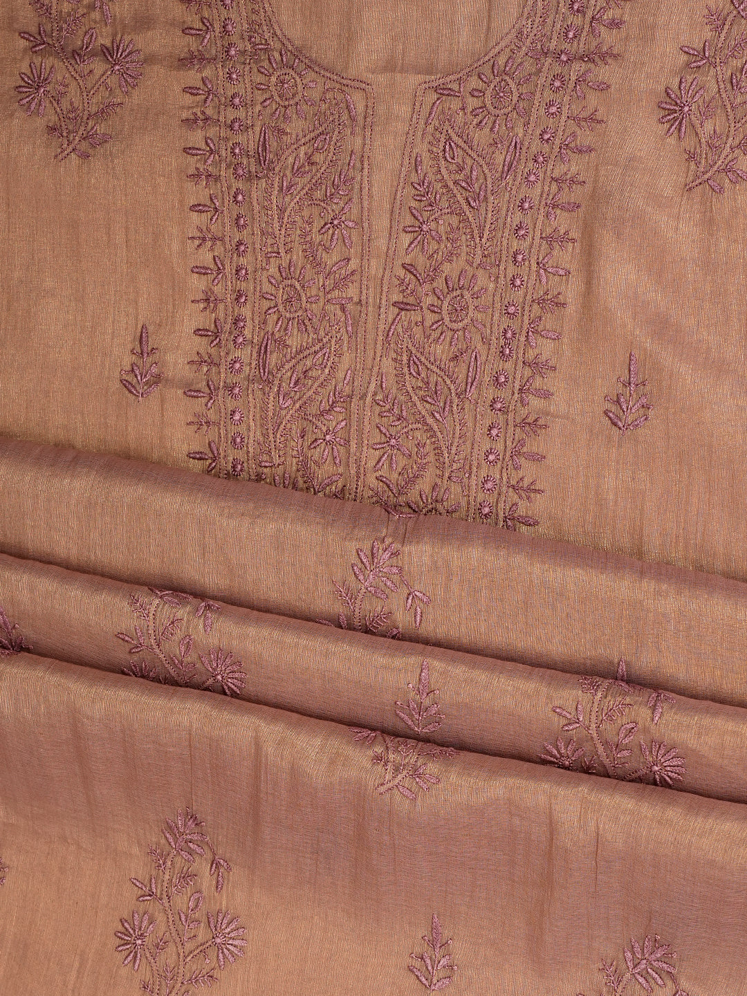 Ada Hand Embroidered Dusty Peach Tissue Unstitched Lucknowi Chikankari Kurta Dupatta Set 07A502211
