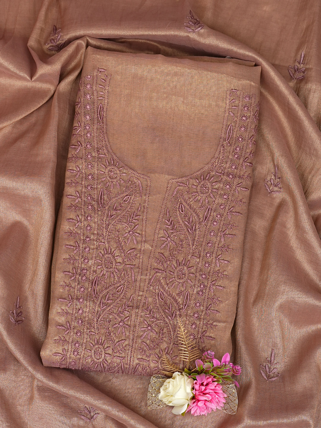 Ada Hand Embroidered Dusty Peach Tissue Unstitched Lucknowi Chikankari Kurta Dupatta Set 07A502211