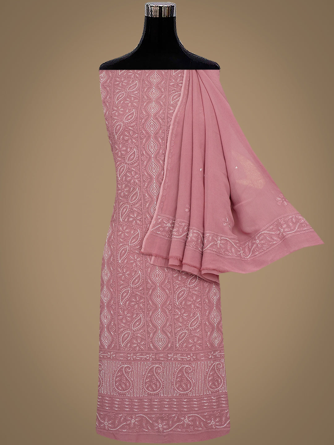 Ada Hand Embroidered Dusty Peach Viscose Georgette Lucknowi Chikankari Unstitched Kurta Dupatta Set With Cutdana Work 01A977815