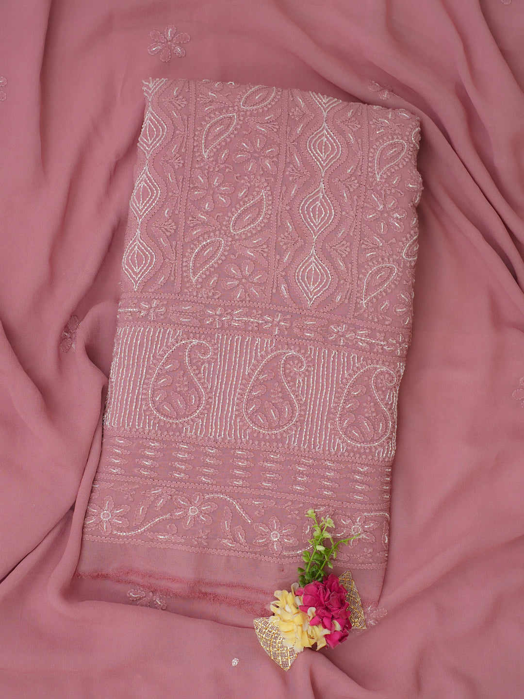Ada Hand Embroidered Dusty Peach Viscose Georgette Lucknowi Chikankari Unstitched Kurta Dupatta Set With Cutdana Work 01A977815