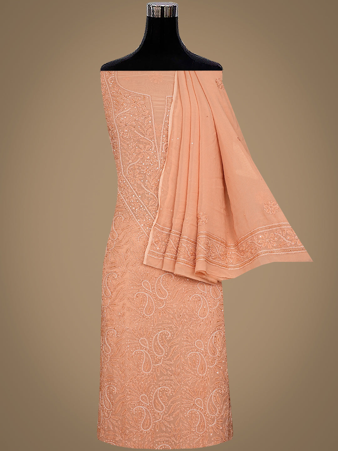 Ada Hand Embroidered Dusty Peach Viscose Georgette Lucknowi Chikankari Unstitched Kurta Dupatta Set With Cutdana Work 01A984097