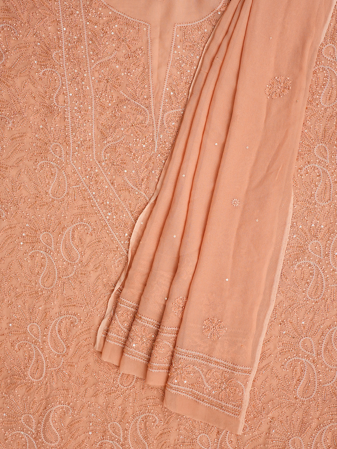Ada Hand Embroidered Dusty Peach Viscose Georgette Lucknowi Chikankari Unstitched Kurta Dupatta Set With Cutdana Work 01A984097